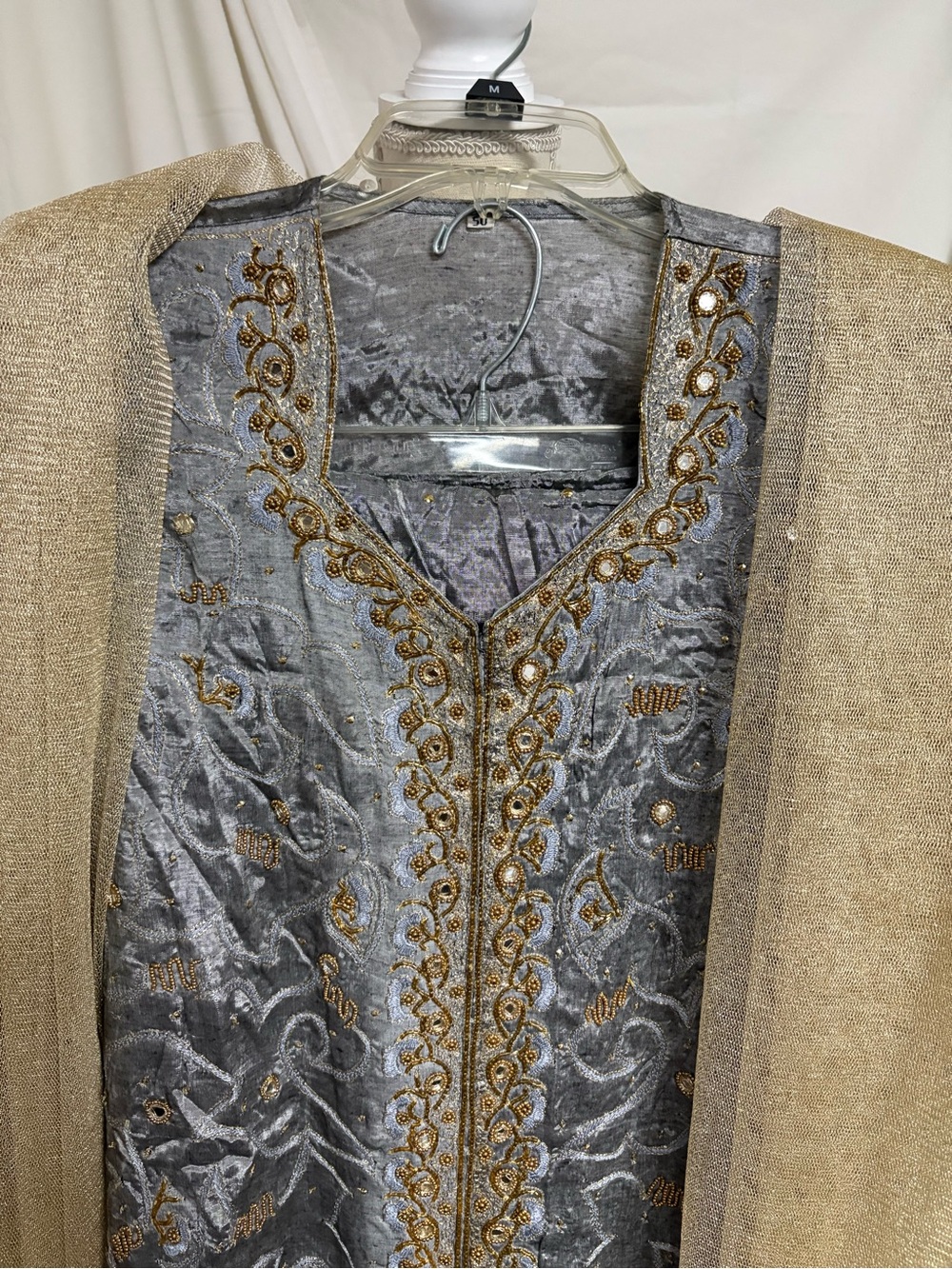 Silver Bronze Pakistani Lengha with Golden Net Dupatta